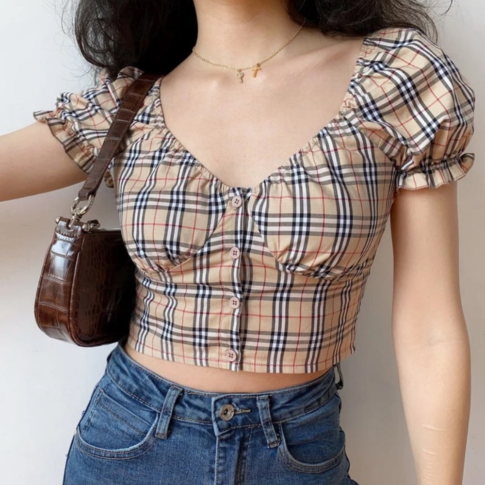 Nova check puff sleeve top